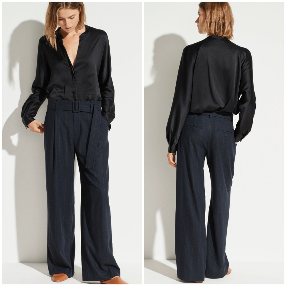 Front Pleat Striped Wide Leg Pants Dark Blue Size 10 - Picture 3 of 13